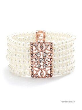 14K Rose Gold Plated Crystal Pearl Stretch Cuff Bracelet Vintage Wedding